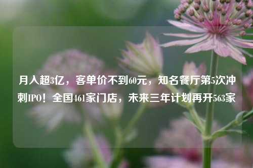 月入超3亿，客单价不到60元，知名餐厅第5次冲刺IPO！全国461家门店，未来三年计划再开563家